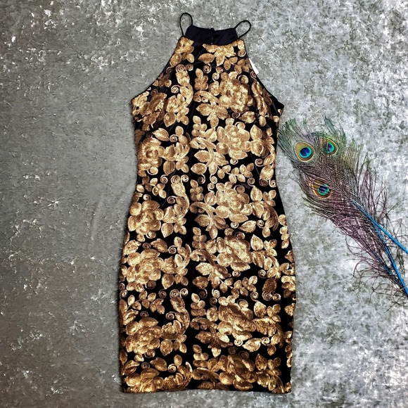 Akira Chicago Black/Gold Sequin High Neck Dress